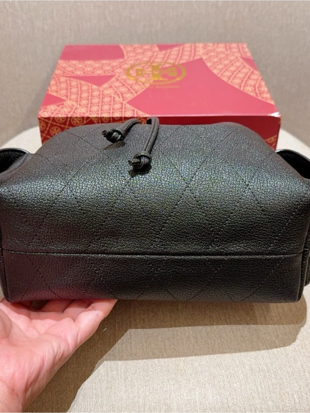 Tory Burch Black Pebbled Leather Drawstring Bucket Bag with Gold Chain